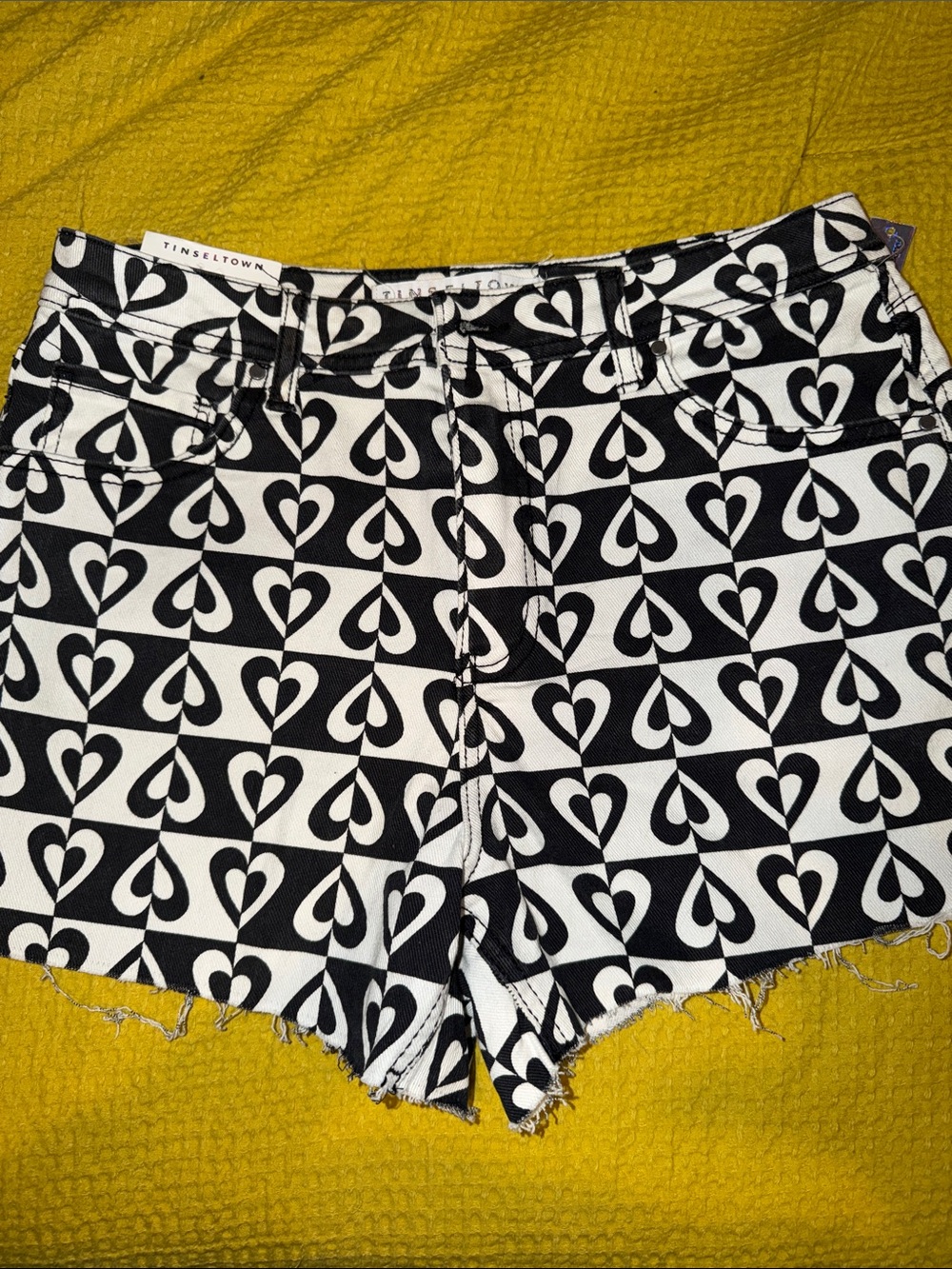 Tinseltown Black & White Heart-Pattern Denim Shorts